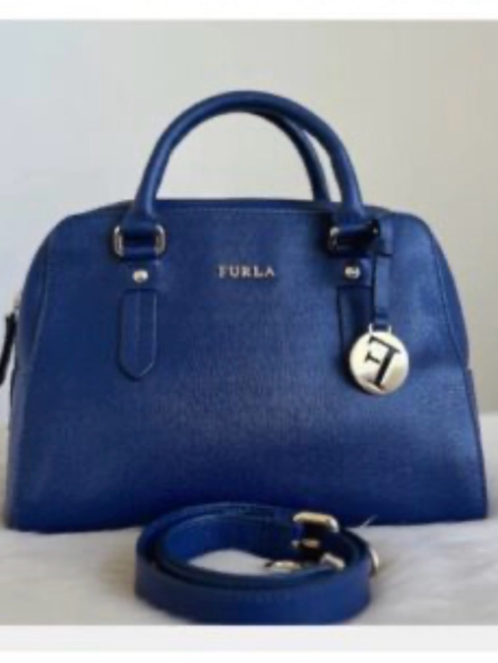 New Furla Elena Navy Medium Satchel Boston Bag Long Strap Saffiano Leather Chic